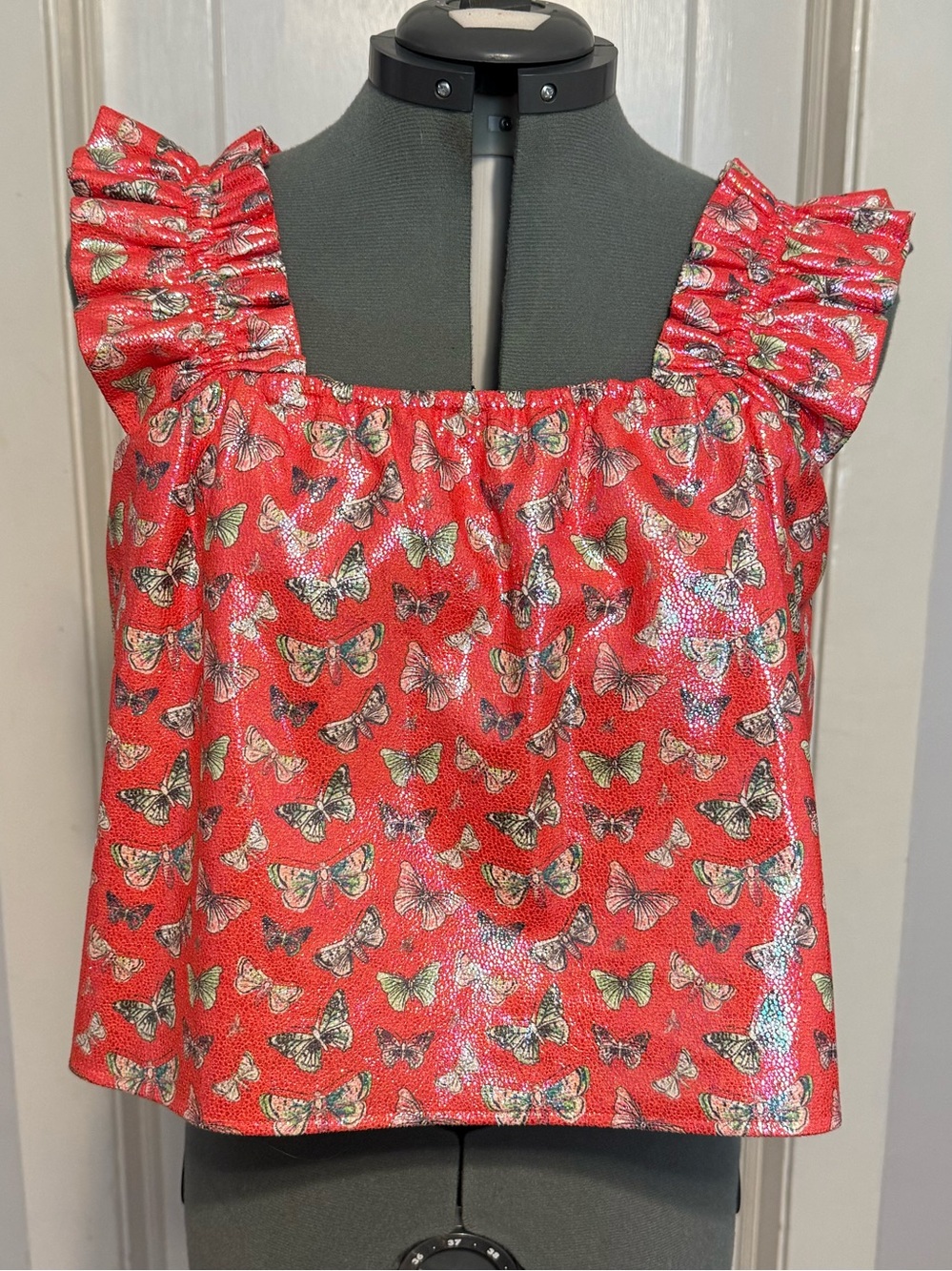 QUEEN OF SPARKLES Red Butterfly Ruffle Strap Tank Top